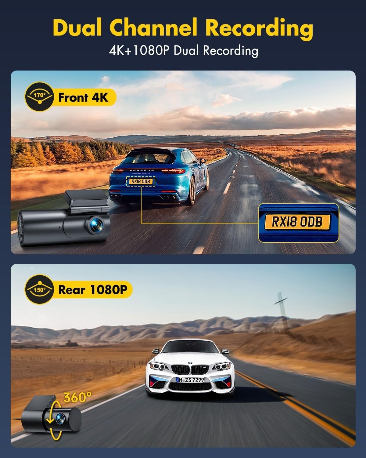 Real 4K and 1080P Dual Dash Camera with 24/7 Protection & Lifetime Support