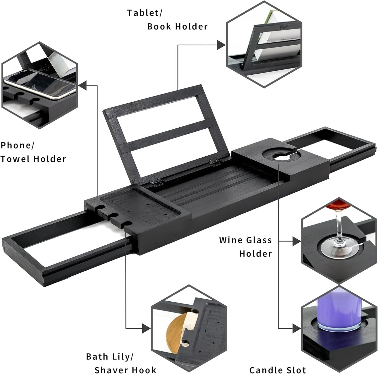 Luxury Bamboo Bath Caddy - Adjustable Tray for Wine Glass, Tablets & Relaxation