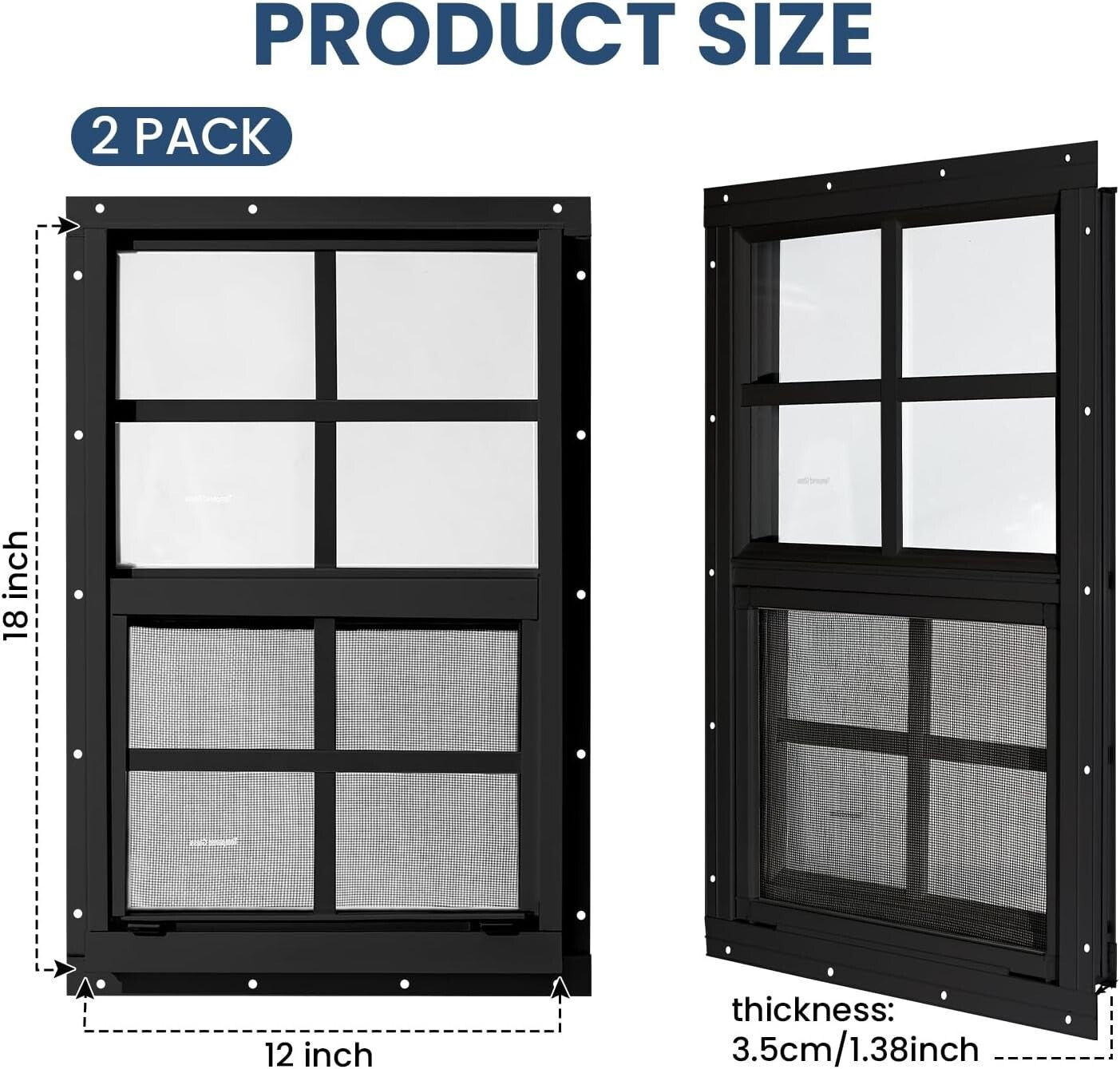 2 Pack 12" x 18" Sliding Shed Windows with Tempered Glass & Screens, Black