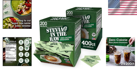 Natural Zero Calorie Stevia Sweetener - Erythritol-Free, 200 Packets (2 Boxes)