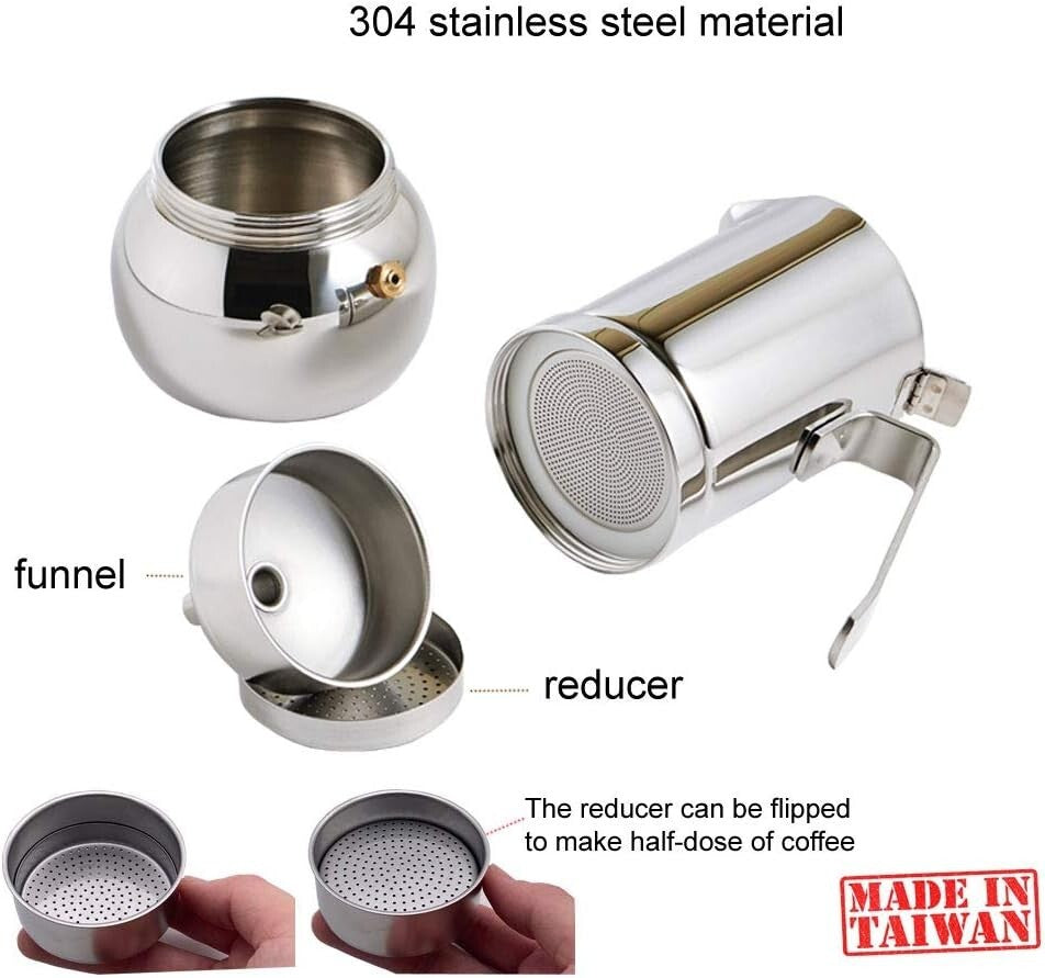 304 Stainless Steel Moka Pot - Manual Espresso Maker, 6 Cup Capacity, Easy Clean