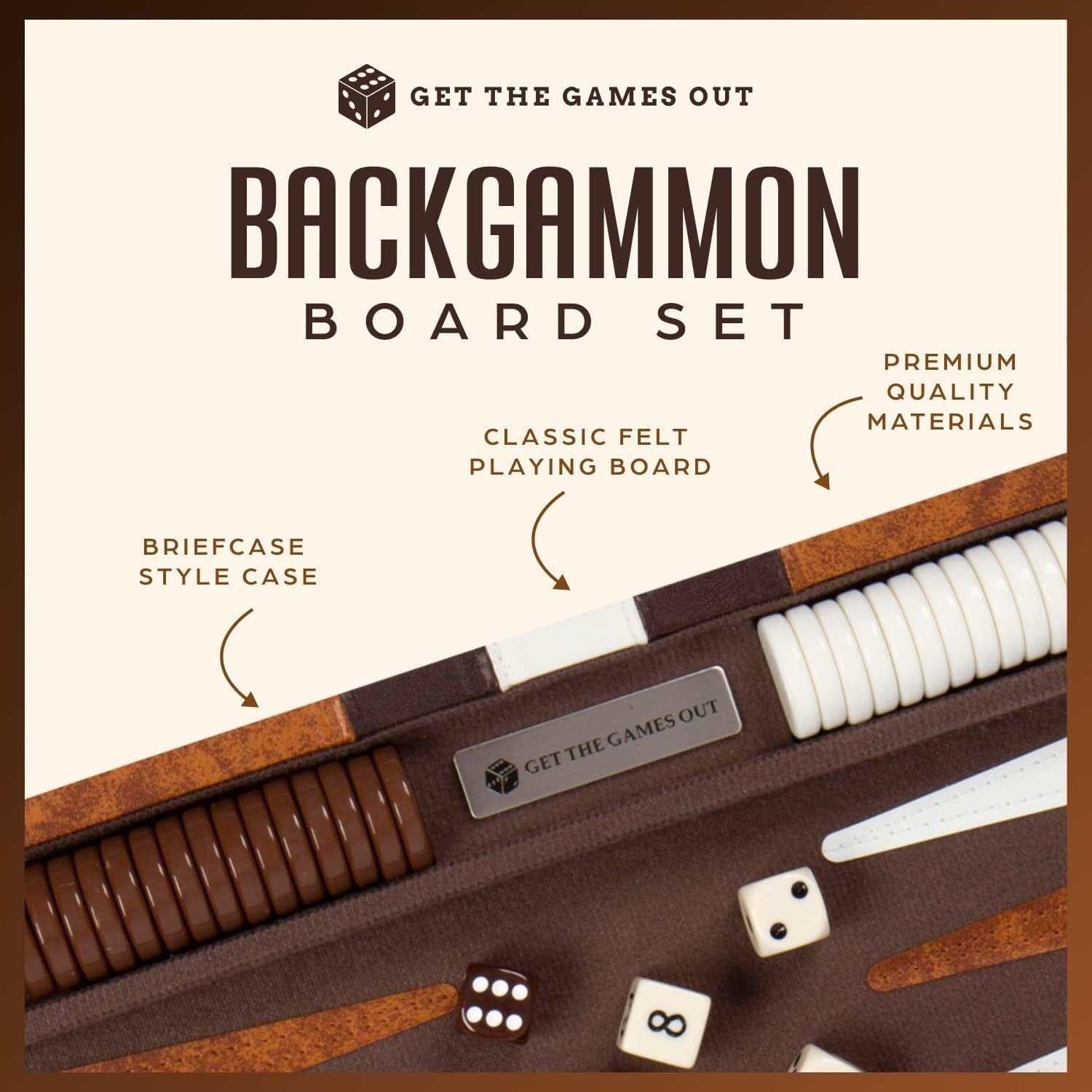 Compact Backgammon Set with Spare Chips – Travel-Ready Brown Leatherette Case