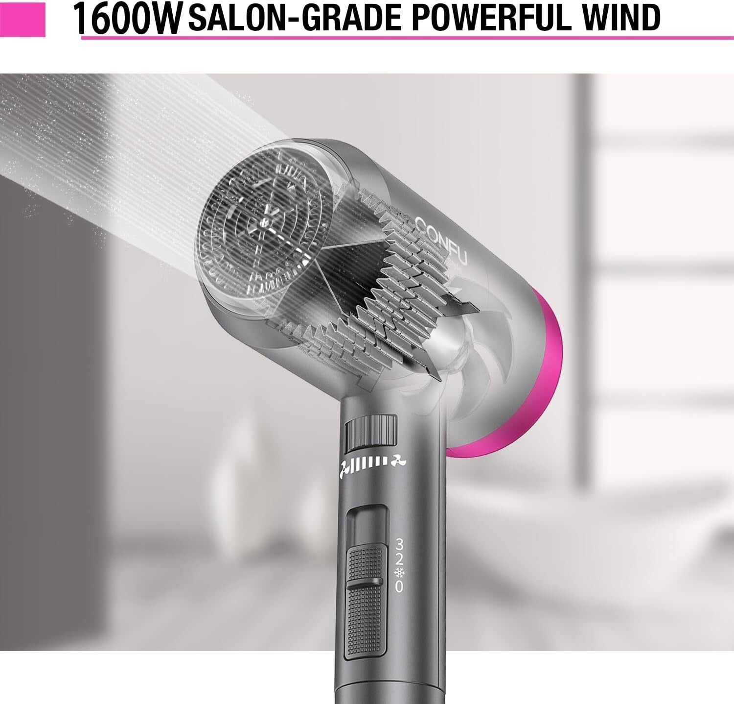 Ionic Blow Dryer 1600W - Portable Lightweight Hair Dryer with Diffuser & Nozzle