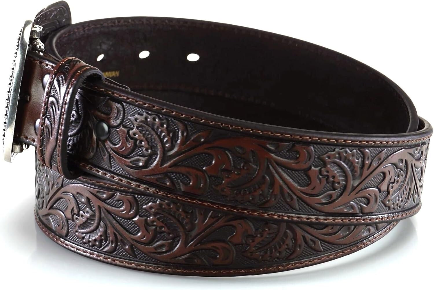 Comfortable Brown Embossed Leather Belt with Rhinestones for Women - 1.5" Wide