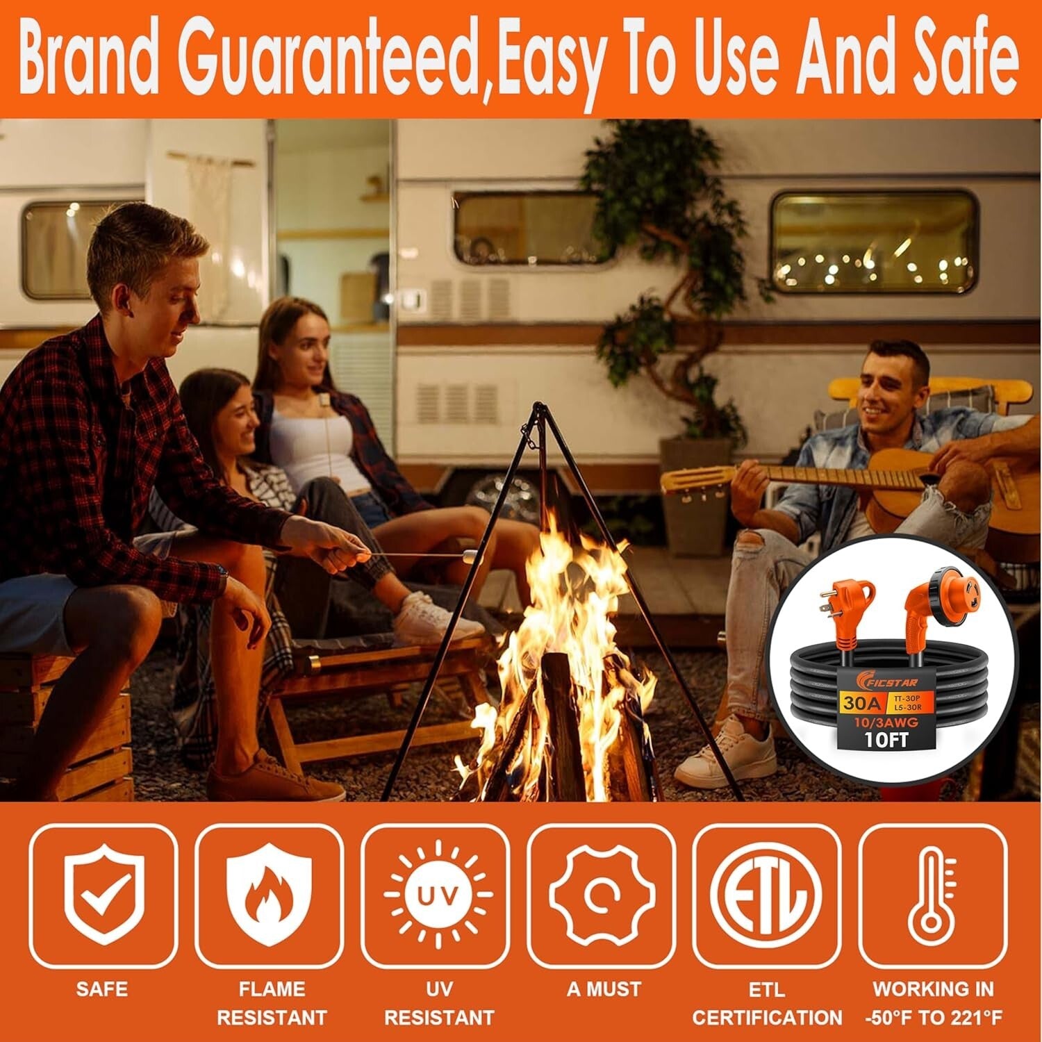 Durable 10ft 30 Amp RV Extension Cord with Twist Lock & Reverse Polarity Light