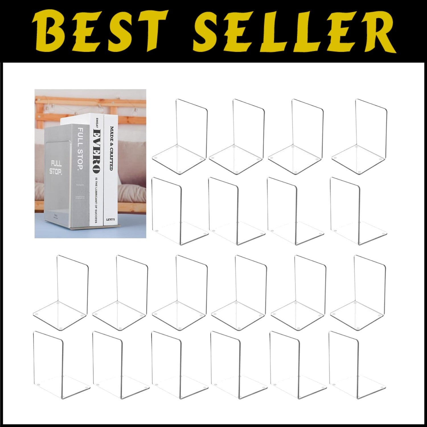 Durable Clear Acrylic Book Holder Stand – 20pcs Polished Bookends for Shelves
