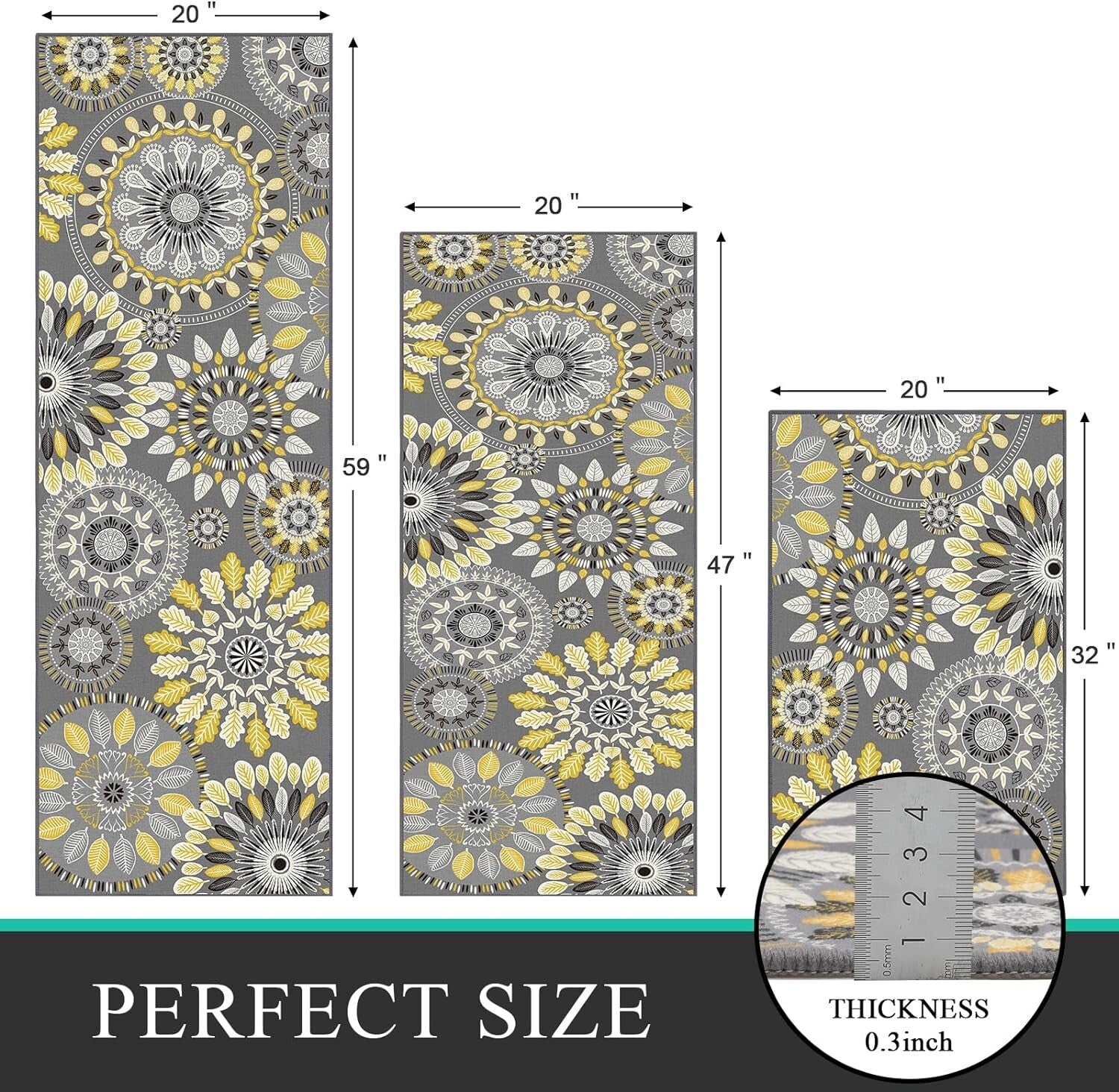 Boho 3-Piece Kitchen Rug Set - Non-Slip Runner & Floral Design for Modern Homes