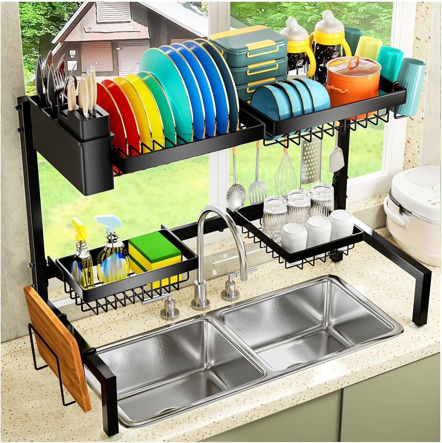 Adjustable 2-Tier Metal Dish Drying Rack with 4 Baskets - Space-Saving Solution