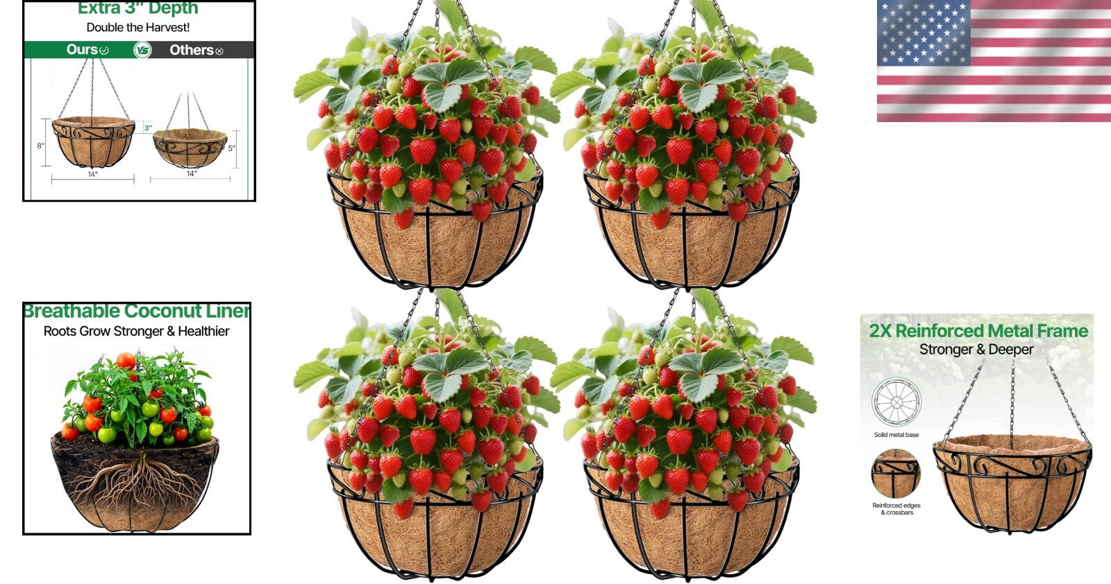 Elegant 4-Pack 14-Inch Metal Baskets with Coco Liners for Outdoor Decoration