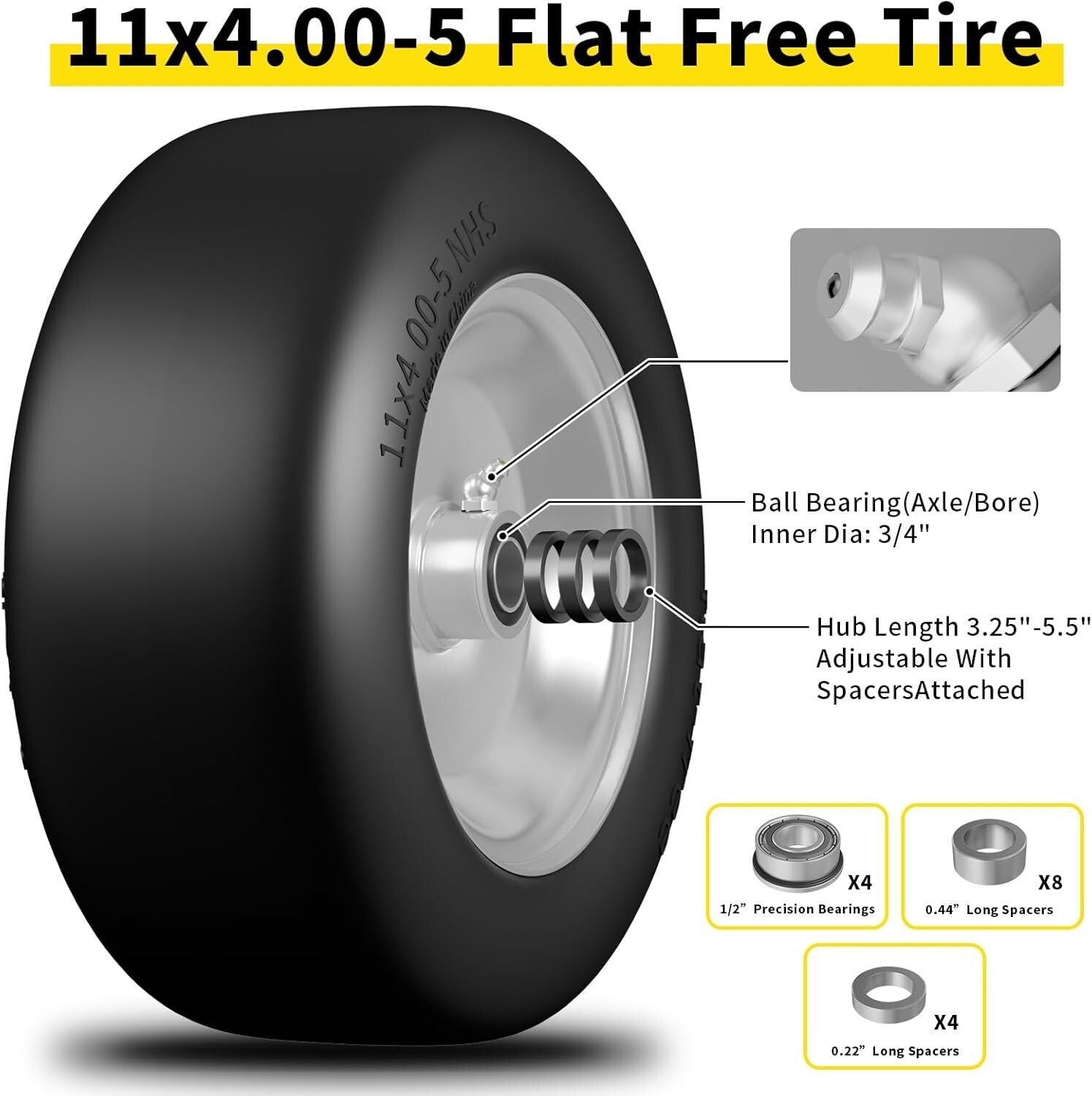 All-Terrain 11x4-5 Flat Free Lawn Mower Tires, 350 Lbs Capacity - Universal Fit