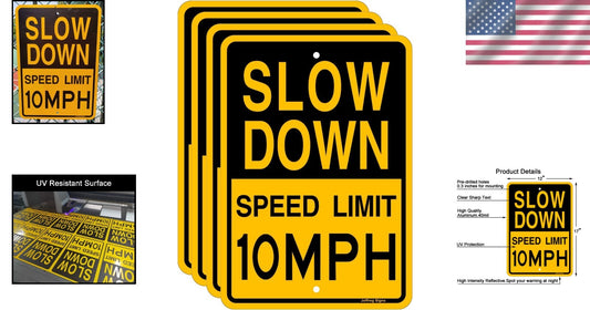 4-Pack Reflective Aluminum 'Slow Down 10 MPH' Signs for Safety, 17x12 Inches
