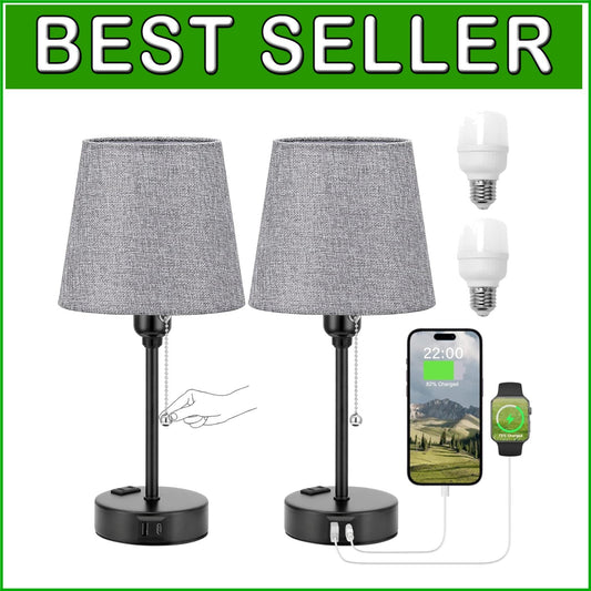 Dimmable Gray Bedside Lamps with Built-in USB Charge & 3 Light Settings - 2 Pack