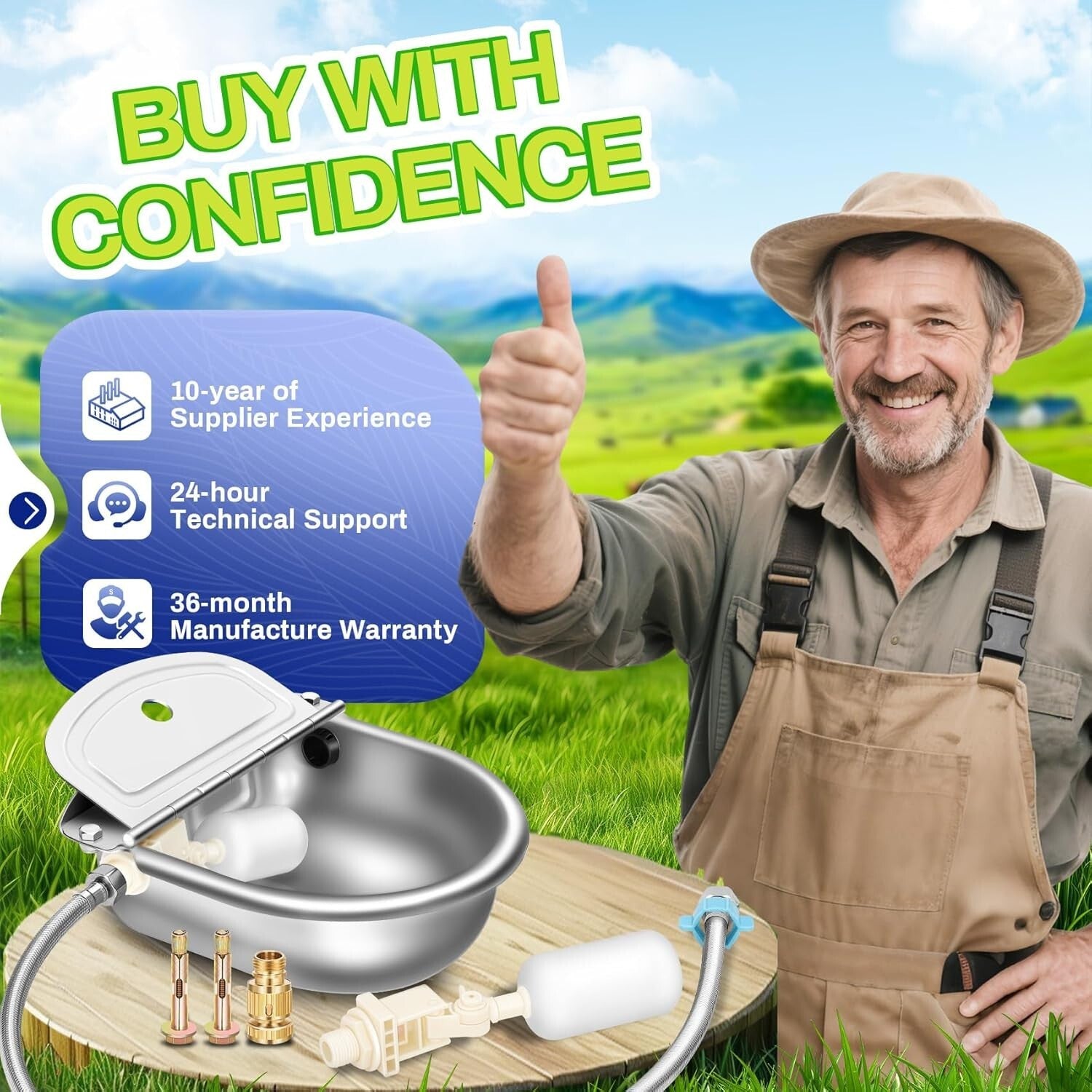 2.5L Auto-Filling Stainless Steel Water Bowl Kit for Farm Animals - Complete Set