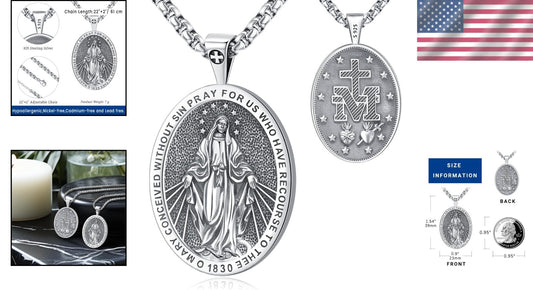 Two-Sided Miraculous Medal Pendant - Elegant Sterling Silver for Men & Women