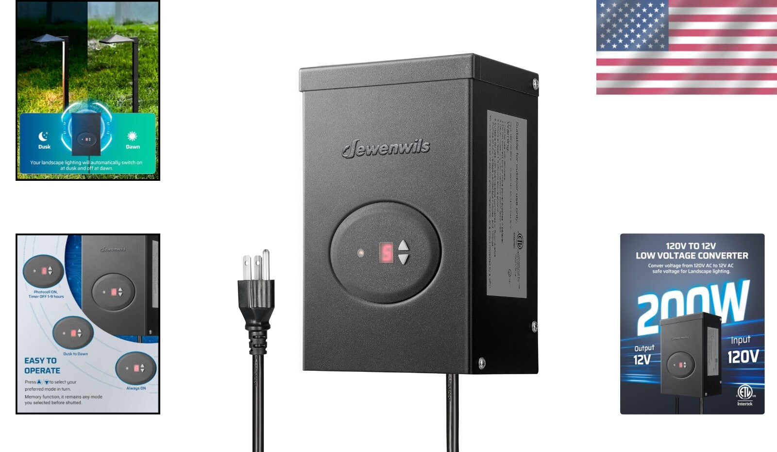 Durable 200W Landscape Lighting Transformer with Countdown Timer and ETL Listing