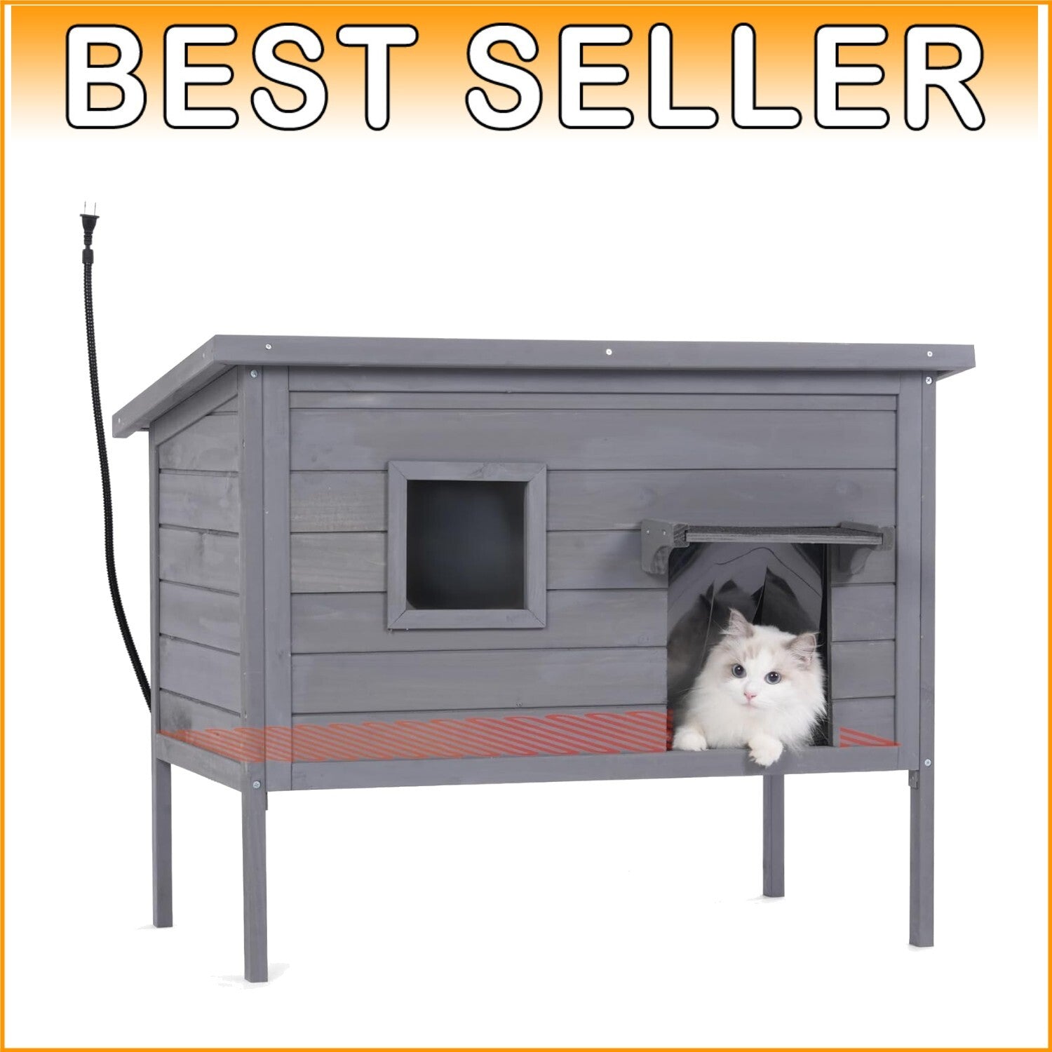 Heated Cat House - Cozy Shelter for Indoor & Outdoor Cats in Grey, Large