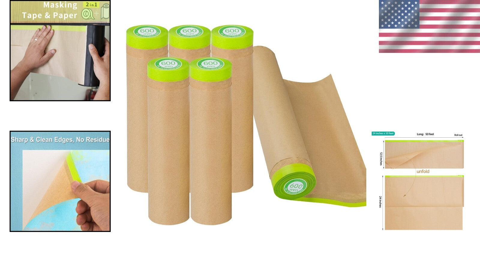 Professional Pre-Taped Masking Roll - 24"x50ft- Strong Adhesive, Clean Removal