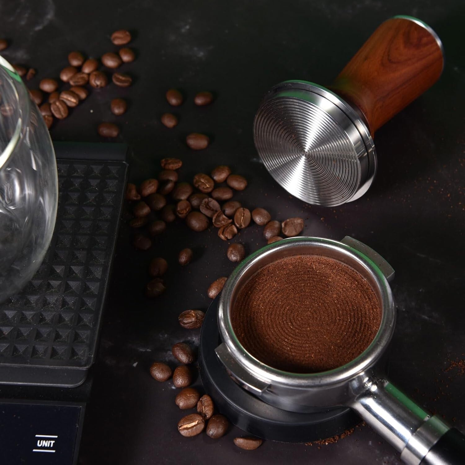 Elegant 58.5mm Espresso Hand Tamper with Durable Ripple Base & Rosewood Handle