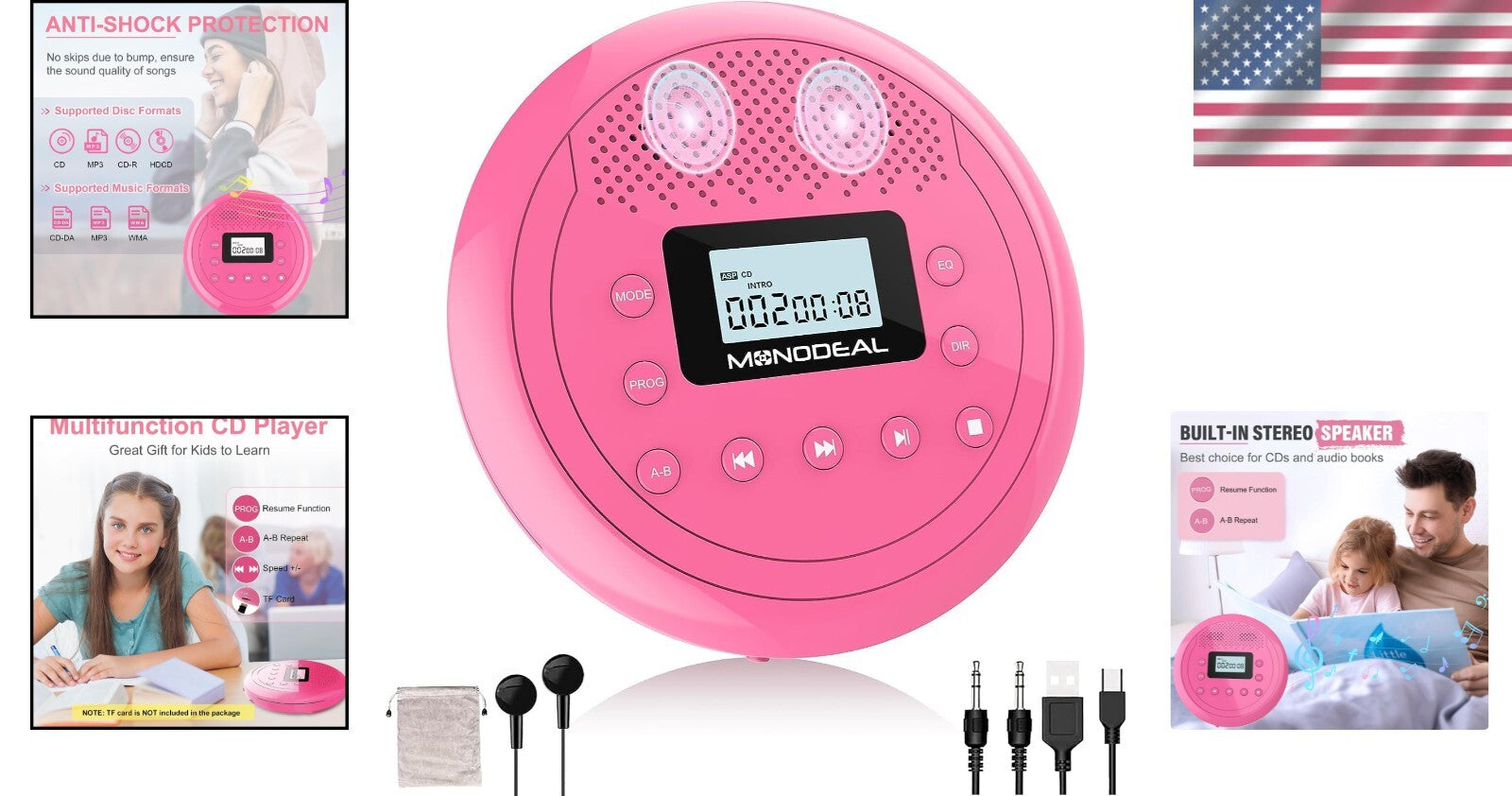 Travel-Friendly Rose Red CD Player with Headphones - Anti-Skip & TF Card Support