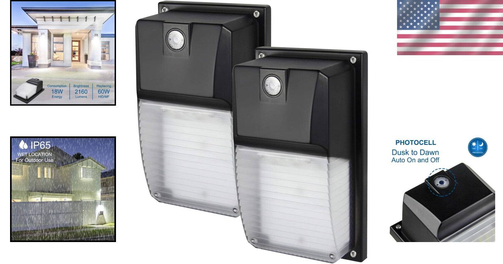 18W Waterproof LED Wall Pack Lights for Garage & Porch 2-Pack, 5000K Brightness
