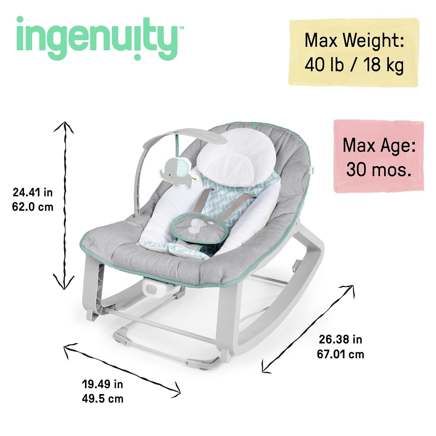 Infant to Toddler 3-in-1 Bouncer, Rocker, and Stationary Seat with Plush Toy