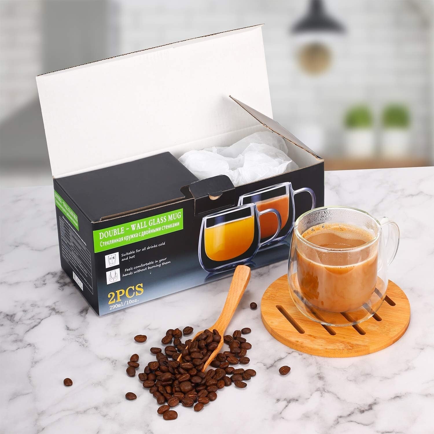 Lightweight & Durable Double Wall Coffee Mugs - 10oz Borosilicate Glass (4-Pack)