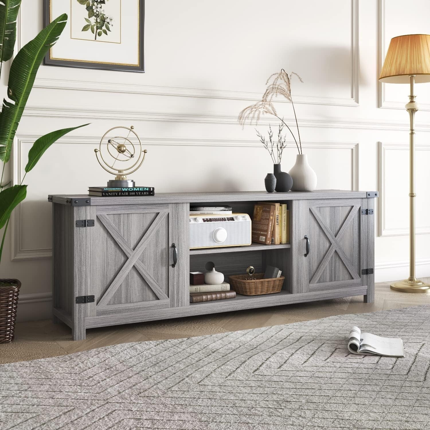 Rustic Gray Wash Barn Door Media Console - Ideal for Living Room and TV Storage