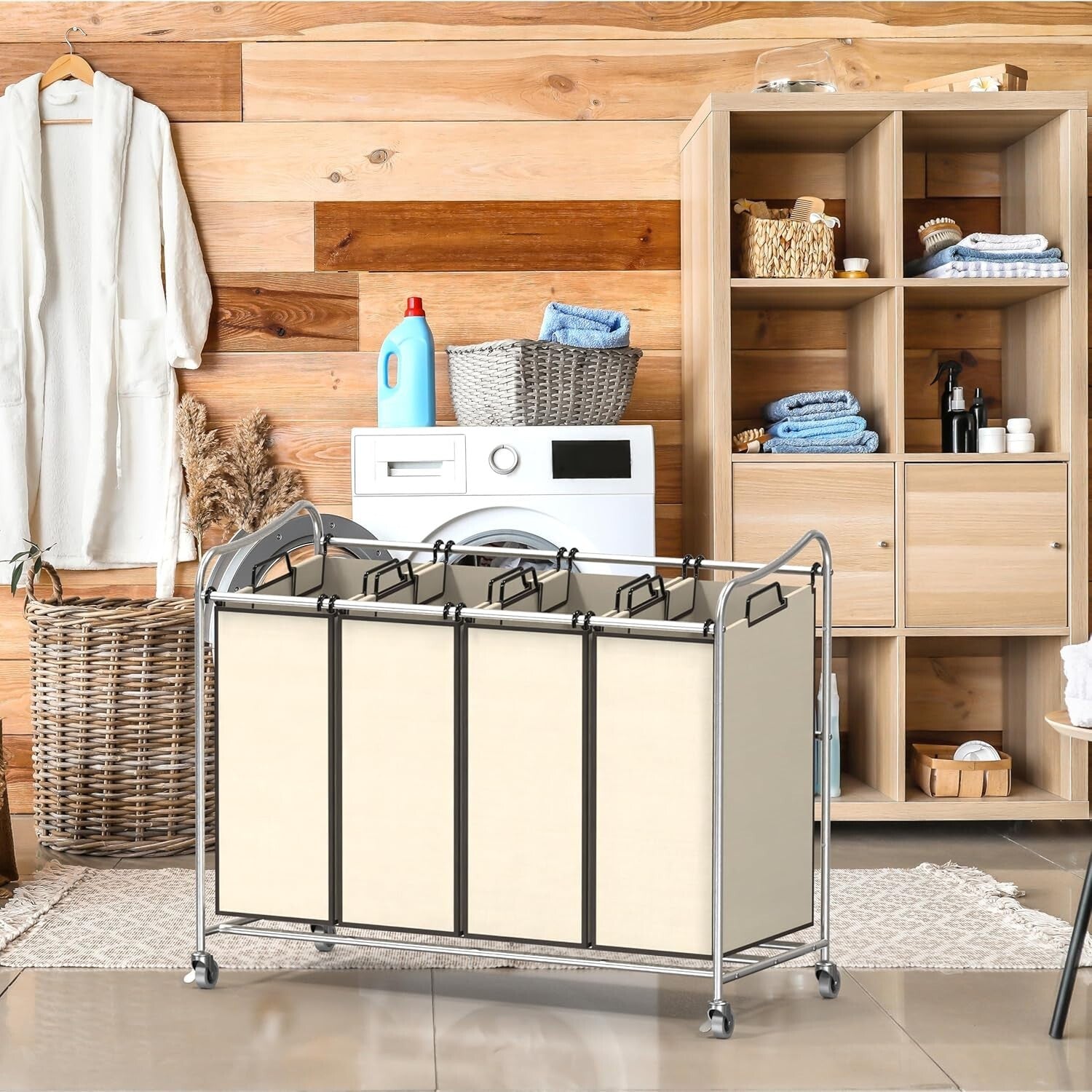 Efficient 4-Bag Heavy-Duty Laundry Cart with Smooth Rolling Casters in Chrome
