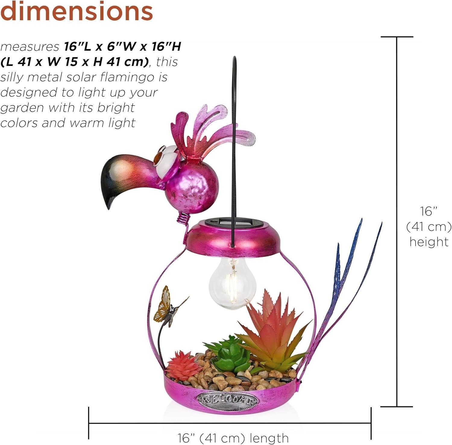 Charming 16'' Solar Metal Flamingo with LED Light – Perfect Outdoor Decor Piece
