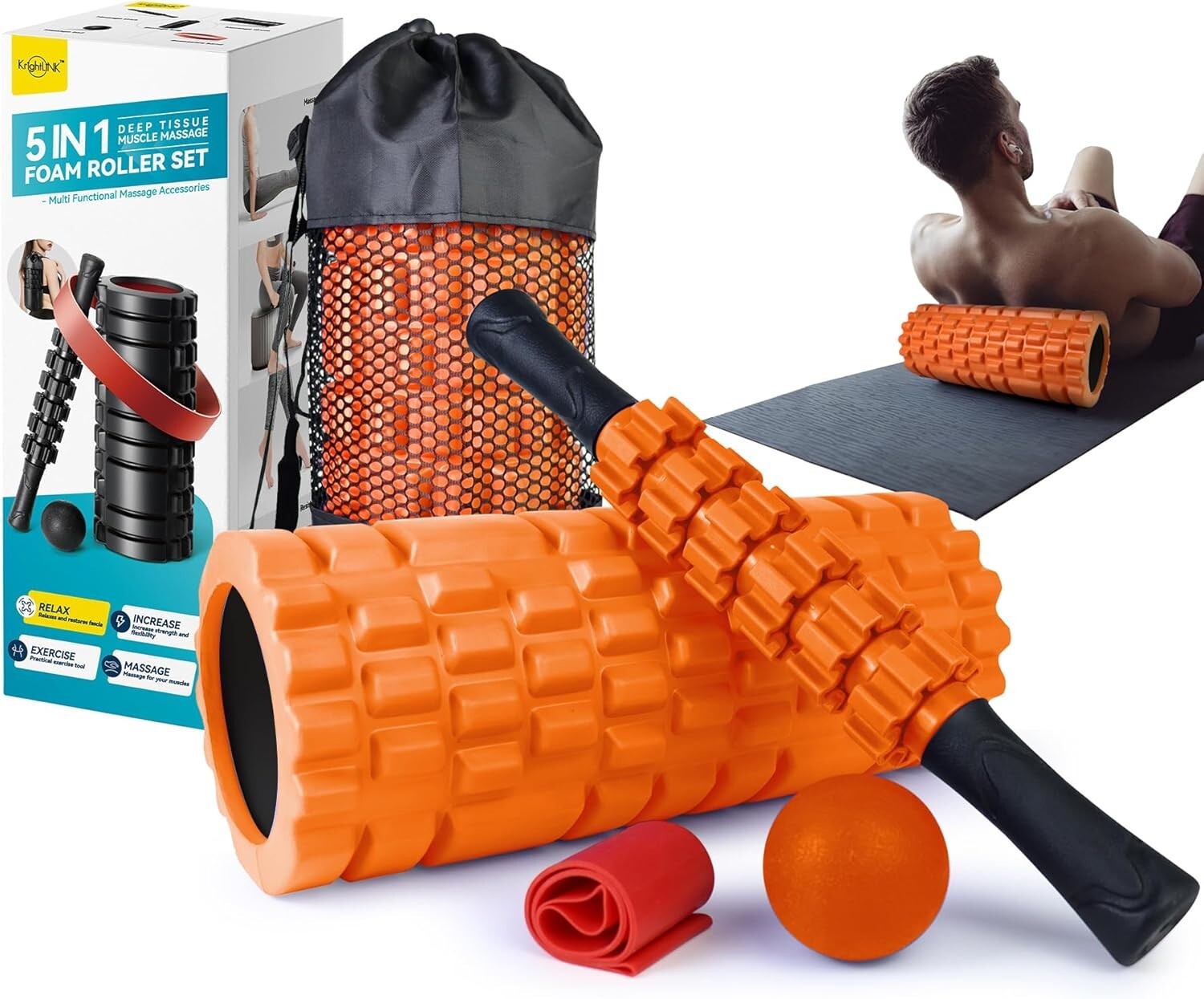 5-in-1 High-Density Foam Roller Set for Deep Tissue Muscle Relief - Orange/Black