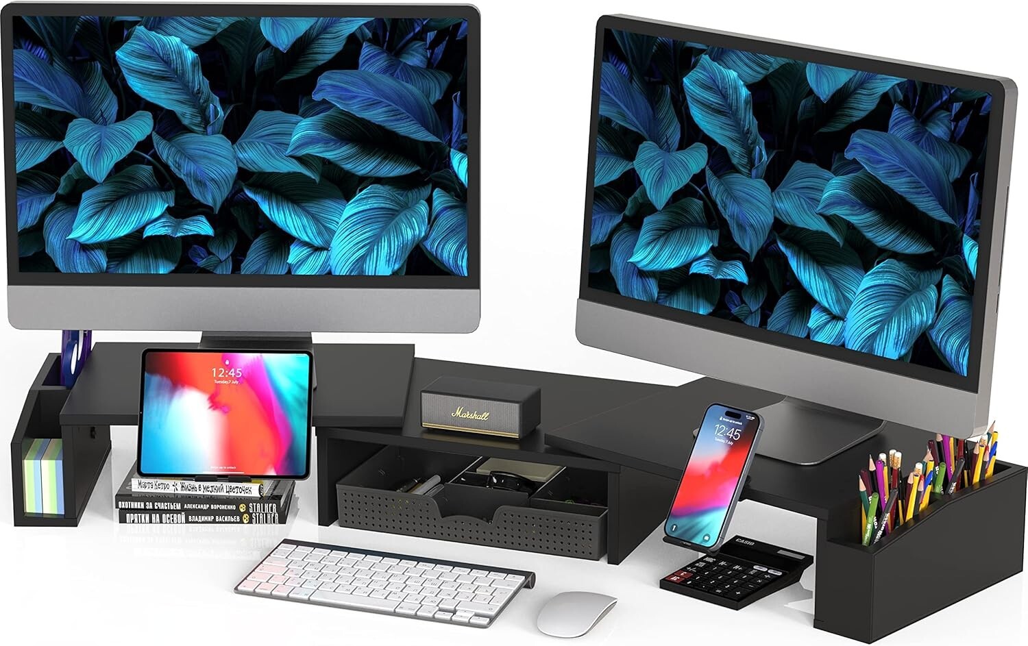 Multi-Functional Black Monitor Stand with Sliding Drawer & Organizers for Desks