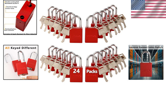 High-Tech Double-Locking Aluminum Padlocks, Red - 24 Units for Lock-Out Security