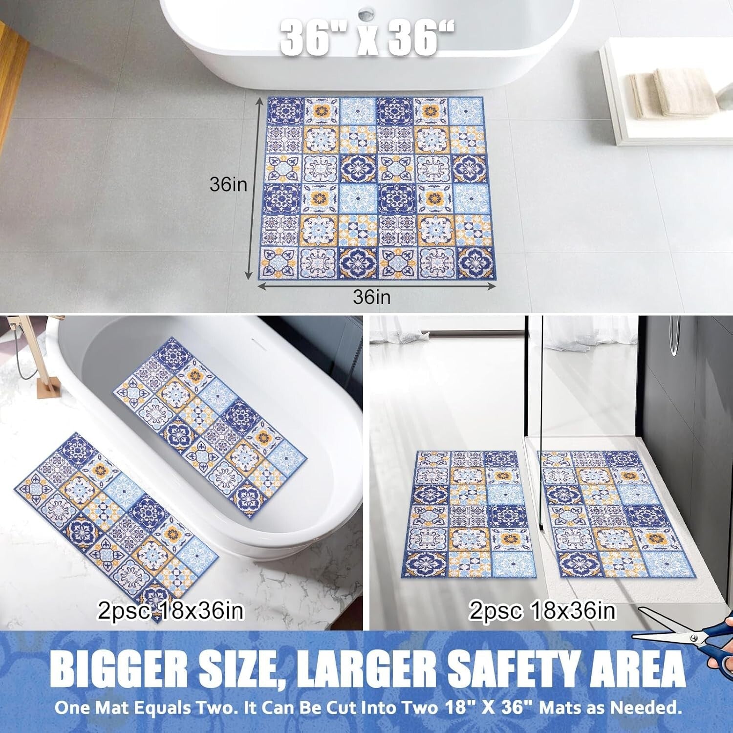 36x36 Non-Slip Shower Mat with Drainage Holes - Luxurious Moroccan Tile Design