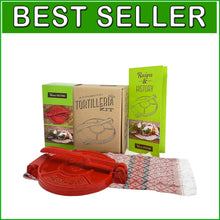 Load image into Gallery viewer, Authentic Cast Iron Tortilla Press with Recipe Booklet &amp; Servilleta Napkin, 6.5"