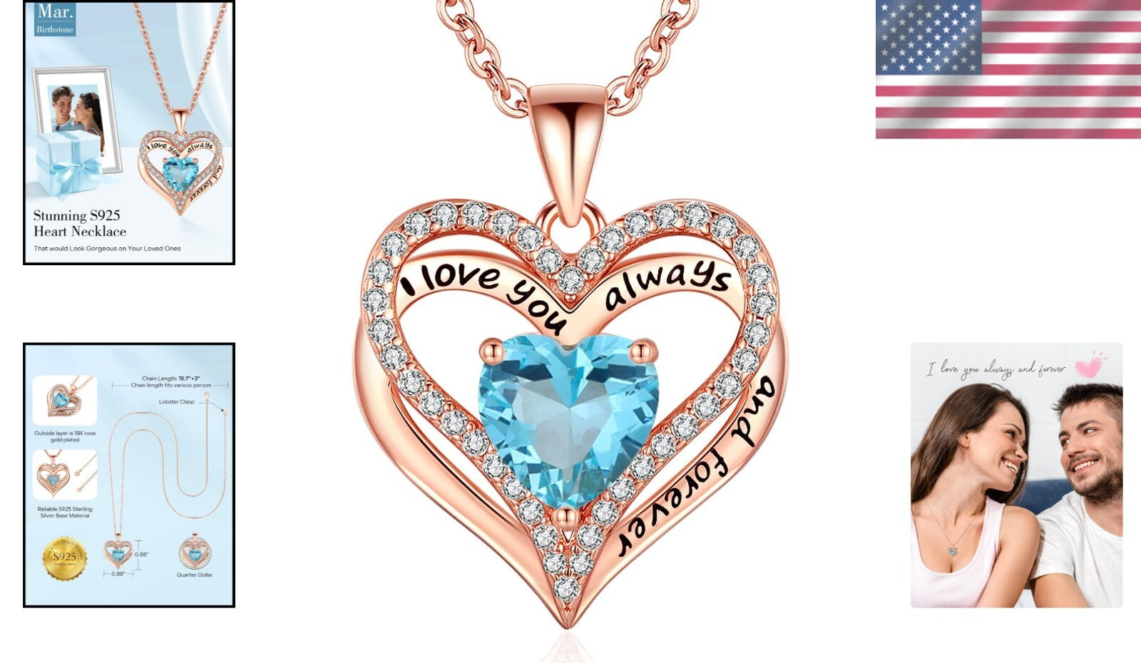 Personalized Birthstone and Heart Necklace in S925 Sterling Silver - Gift Ready!