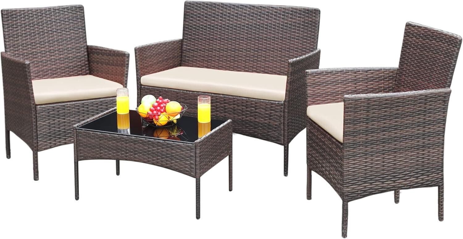 Elegant Brown and Beige Patio Furniture Set - Loveseat, Chairs & Table Included