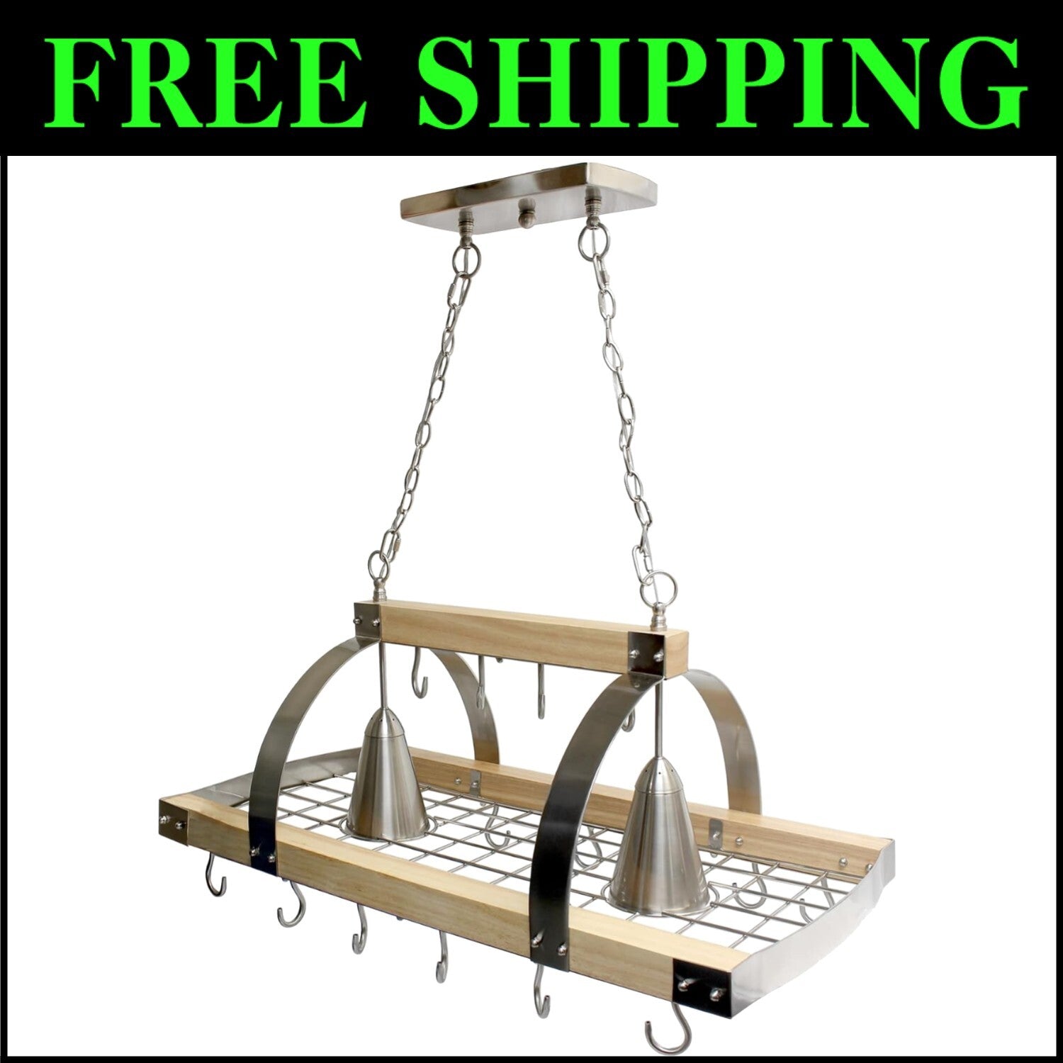 Elegant Ceiling-Mounted Wood Pot Rack with 2 Lights - Perfect Kitchen Organizer