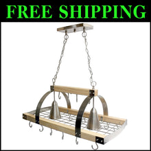Load image into Gallery viewer, Elegant Ceiling-Mounted Wood Pot Rack with 2 Lights - Perfect Kitchen Organizer
