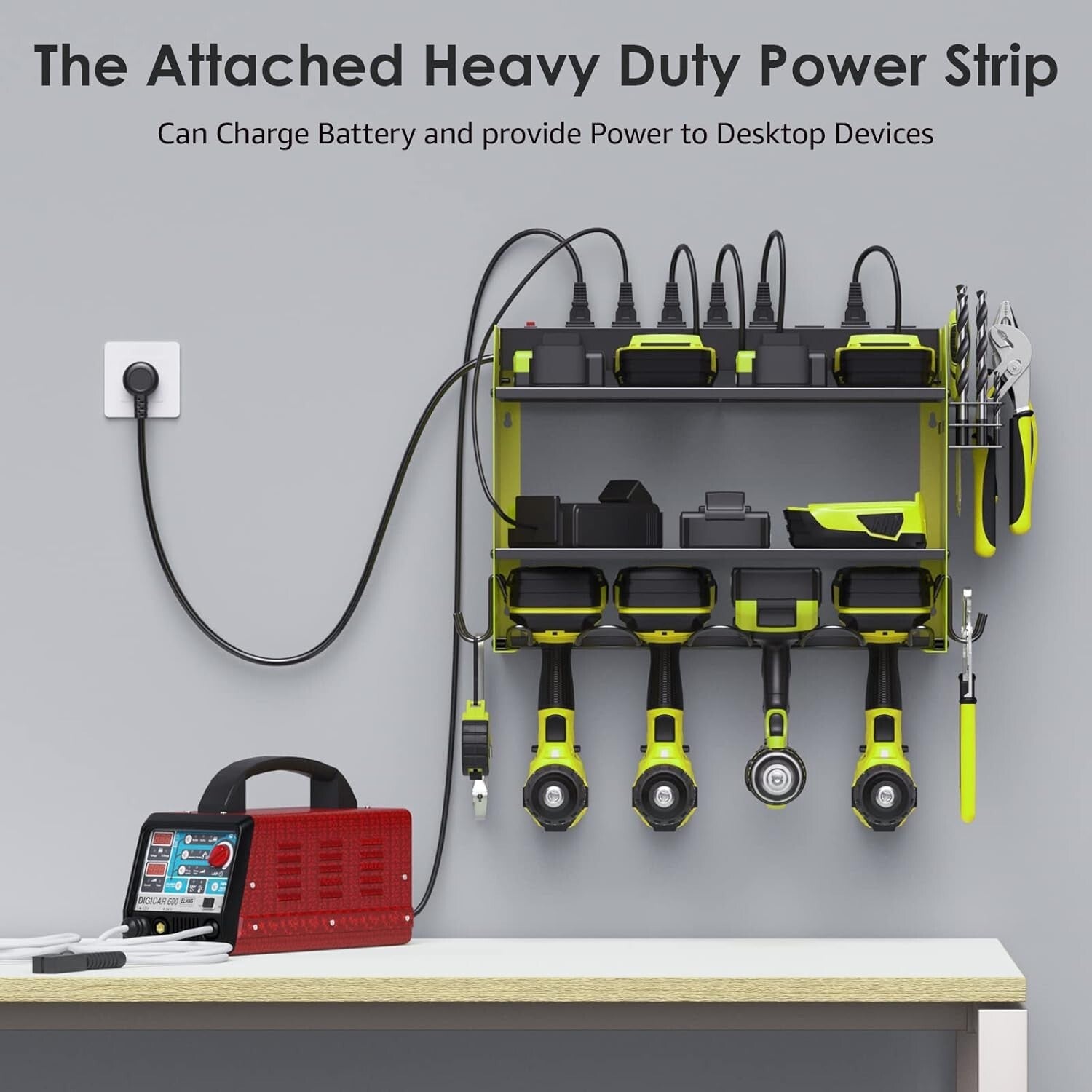 Efficient Power Tool Wall Organizer with 4 Slots, Hooks, and Surge Protection
