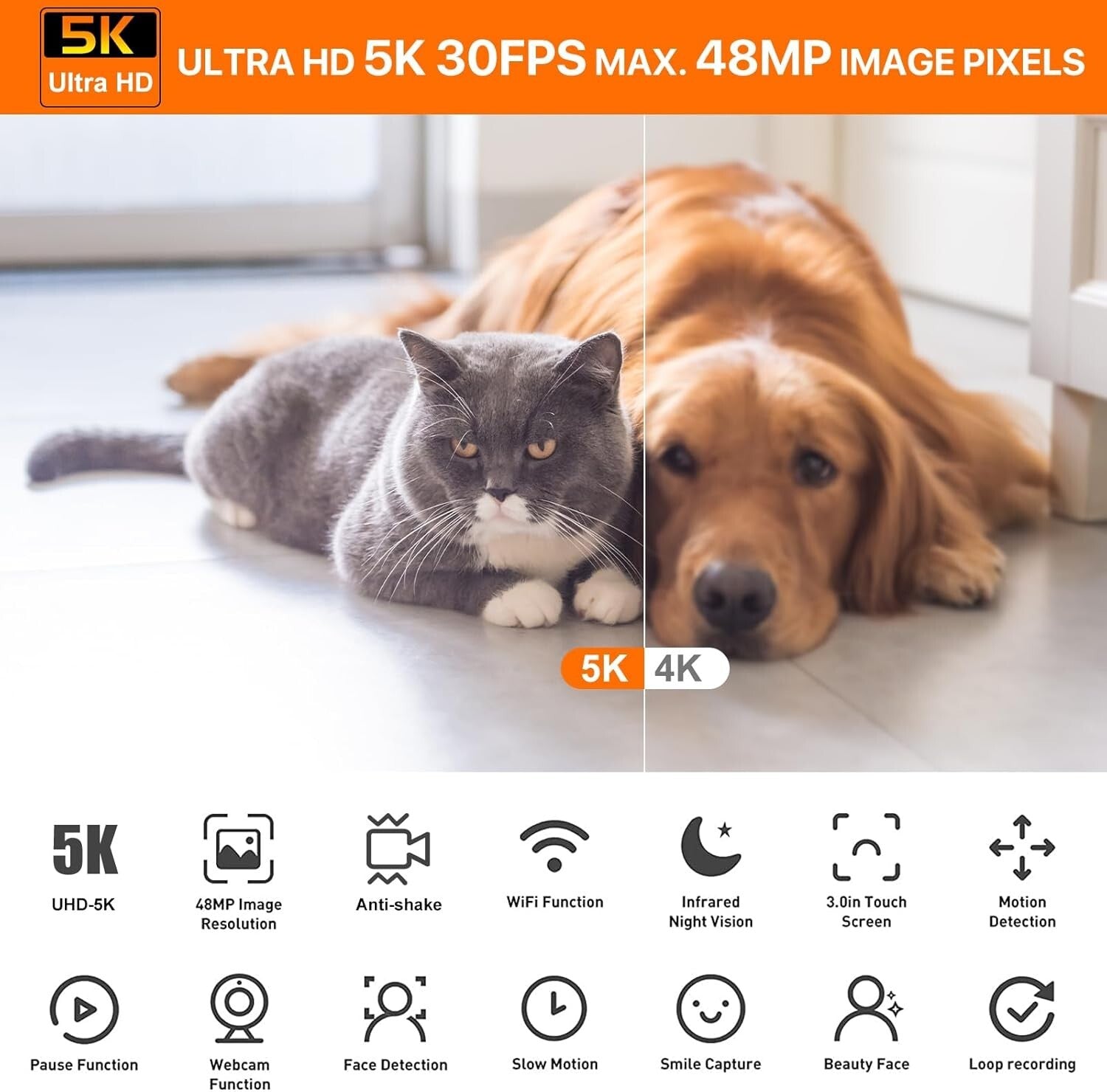 Ultra Full HD 5K Camera with 48MP, Anti-Shake & Remote - Ideal for YouTube