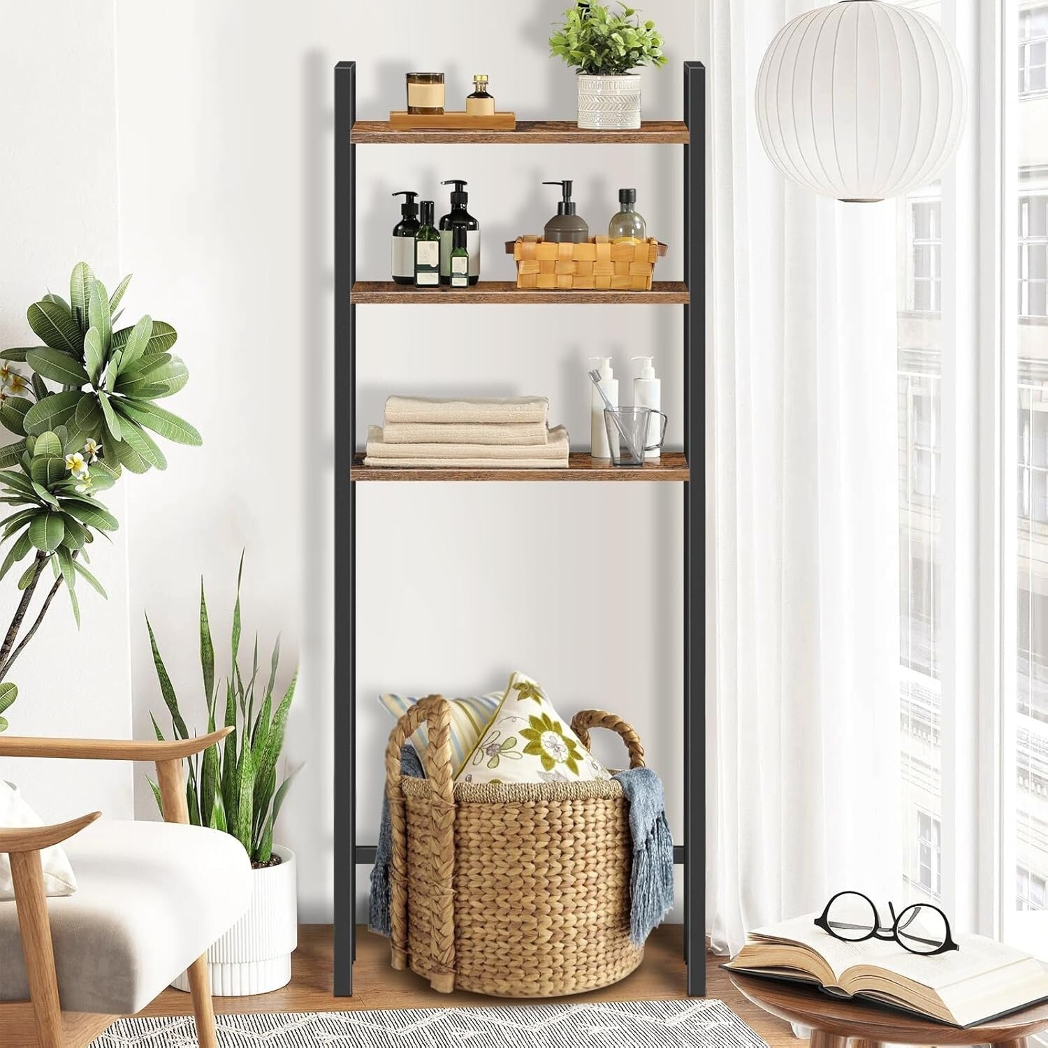 3-Tier Over Toilet Bathroom Organizer - Rustic Space Saver with Adjustable Feet