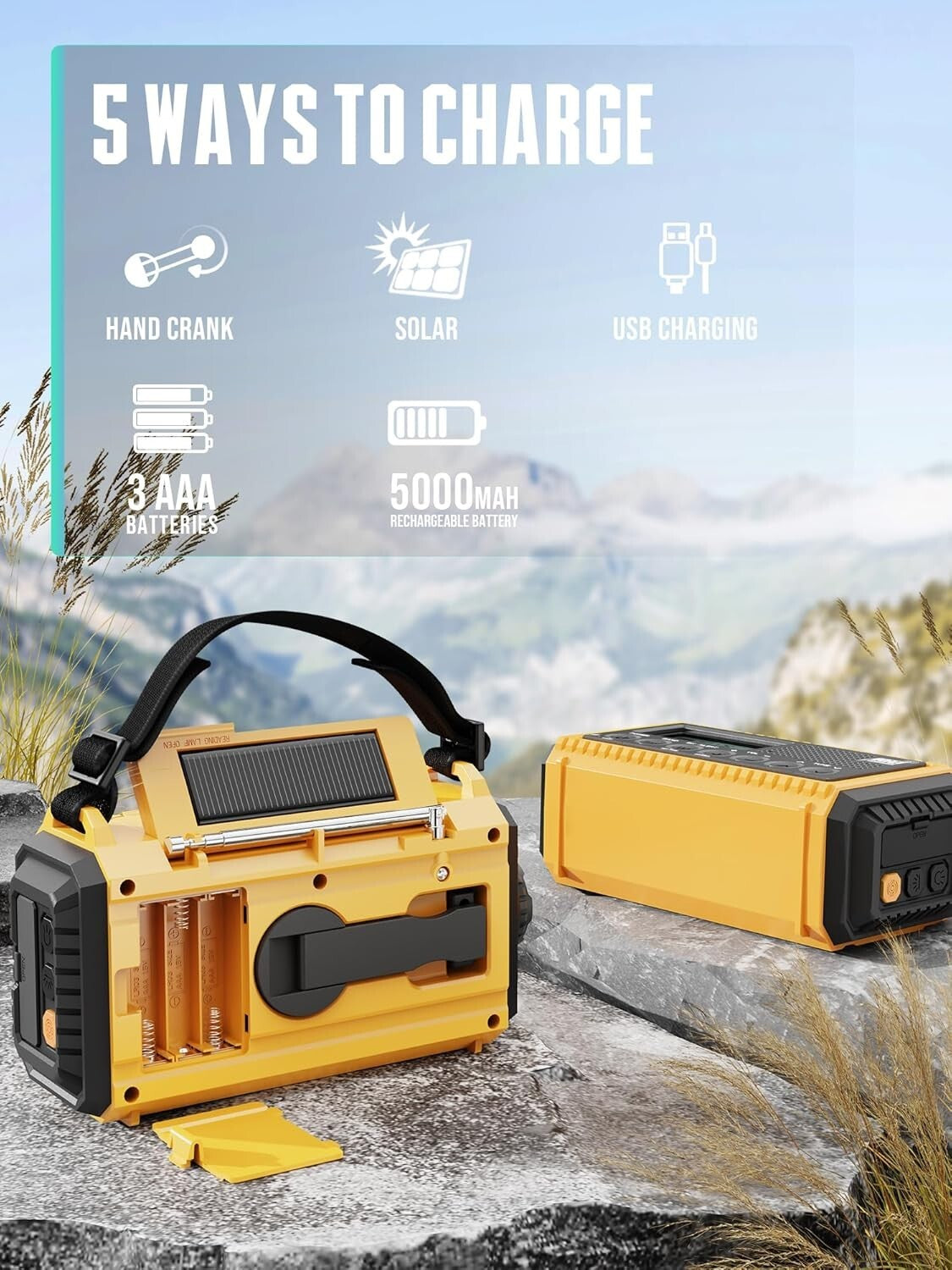 Weather Alert Radio with 18500mWh Battery, SOS Alarm & Dual Lighting Functions