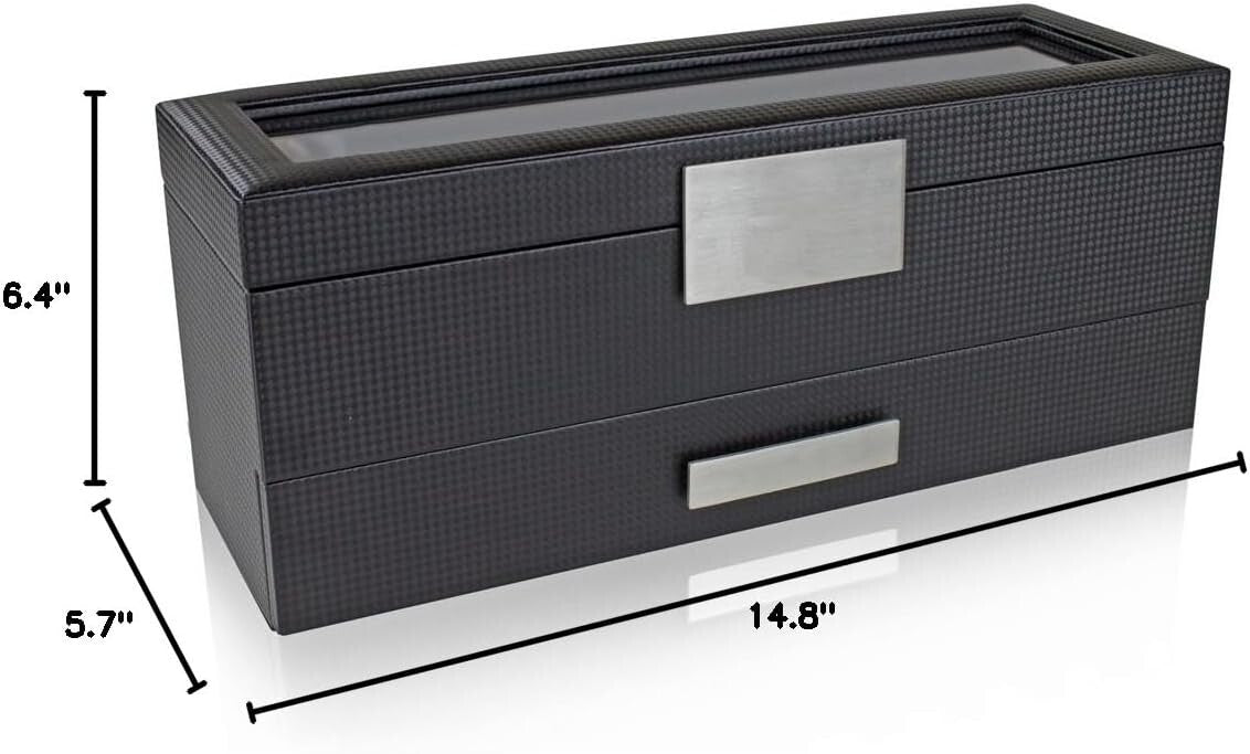 Stunning 6 Slot Men's Watch Organizer with Valet Drawer & Faux Leather Interior