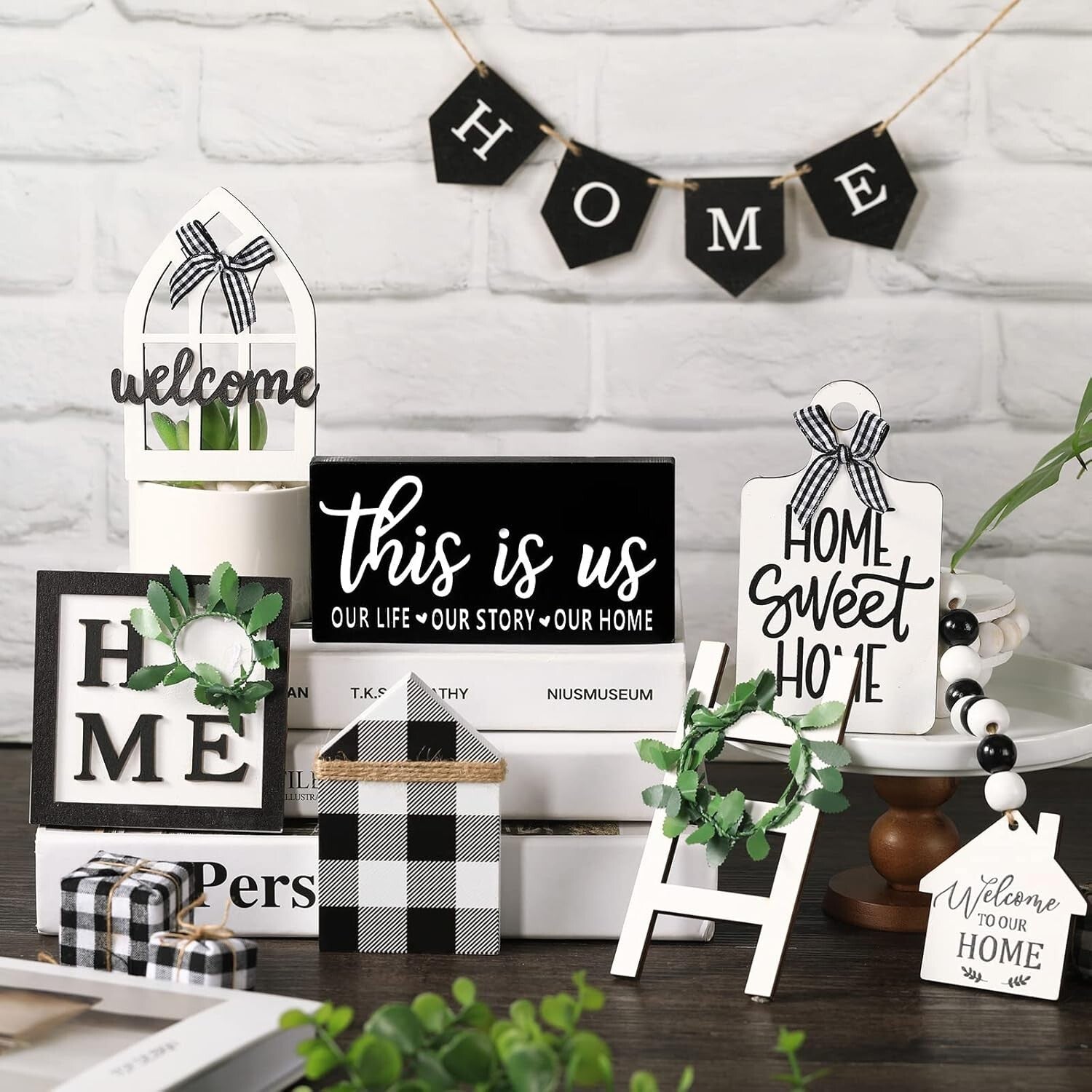 Charming Rustic Wood Tray Decor Set with 11 Signs - Ideal for Housewarming Gifts