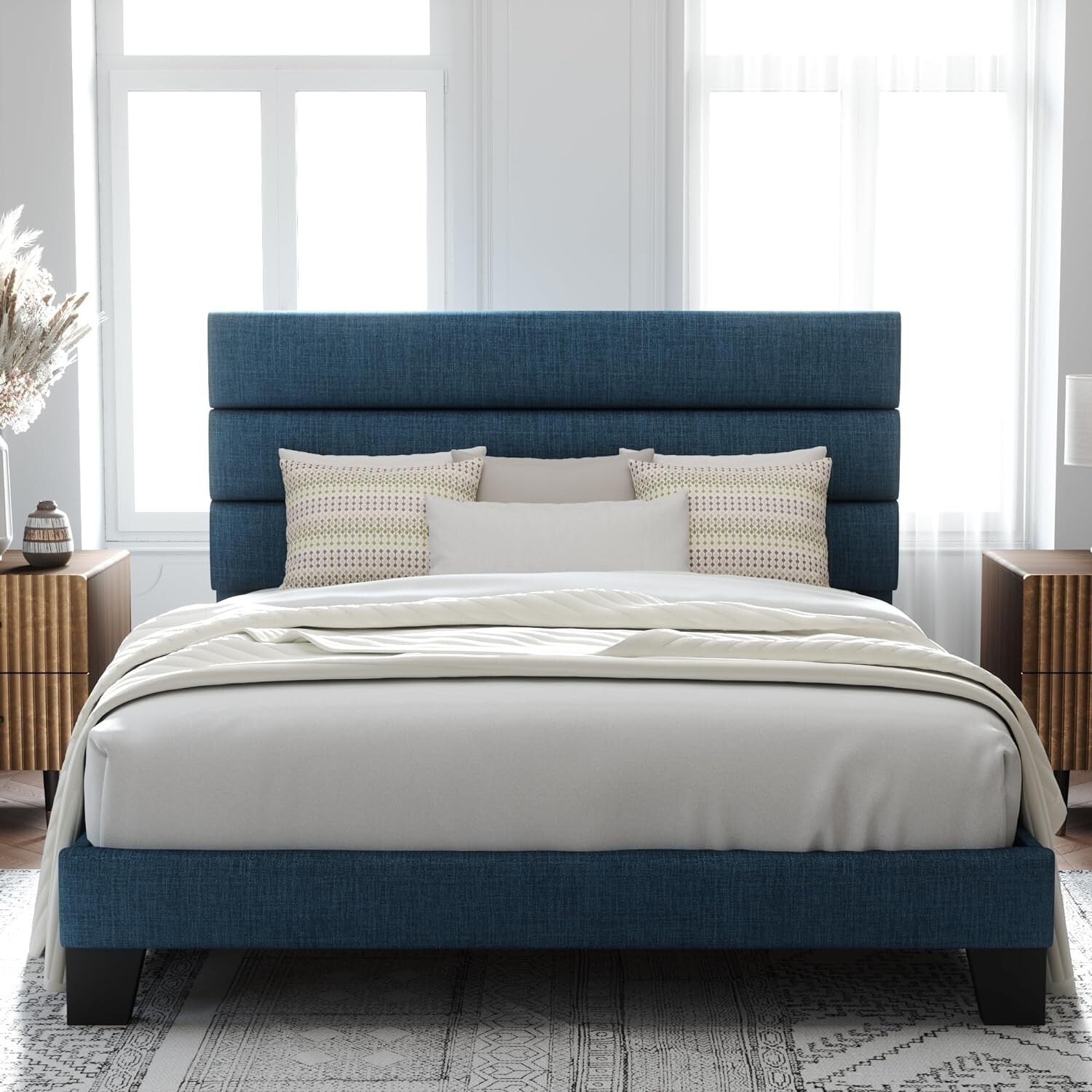 Elegant Navy Blue Full Size Bed Frame with Fabric Headboard - 800 lbs Capacity