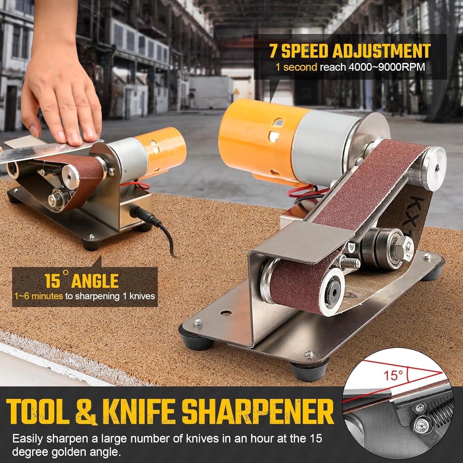3-in-1 Mini Belt Sander & Knife Sharpener with 7 Speed Settings for Crafting