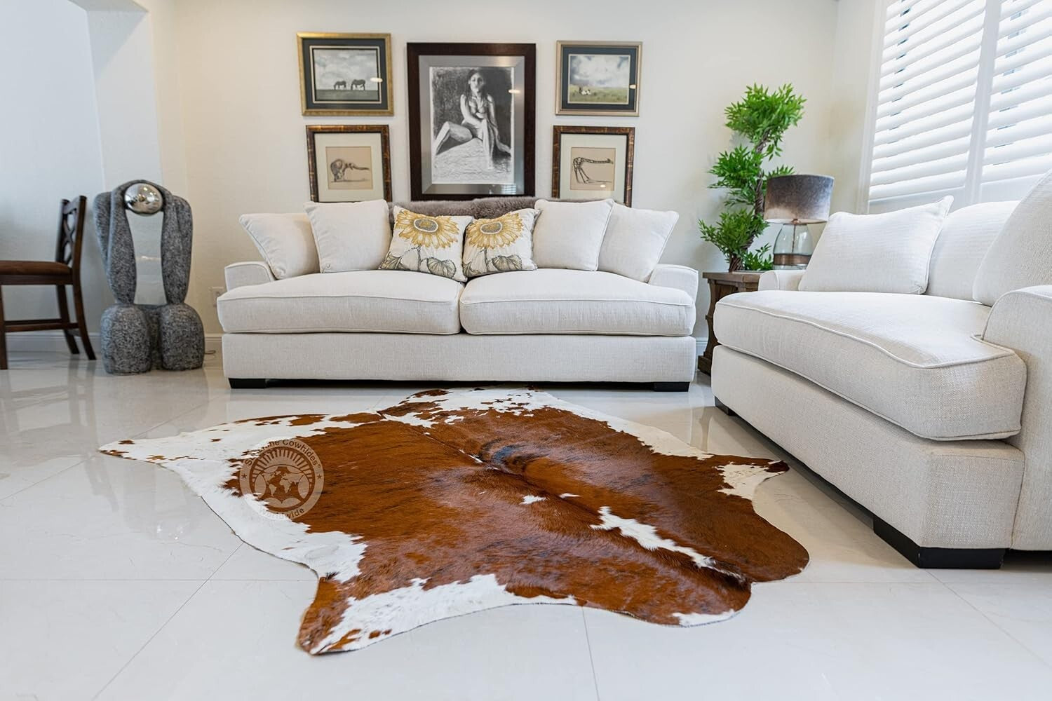 Rustic & Durable Brown/Cream Cowhide Rug - Unique Animal Shape 6x8 Ft Design