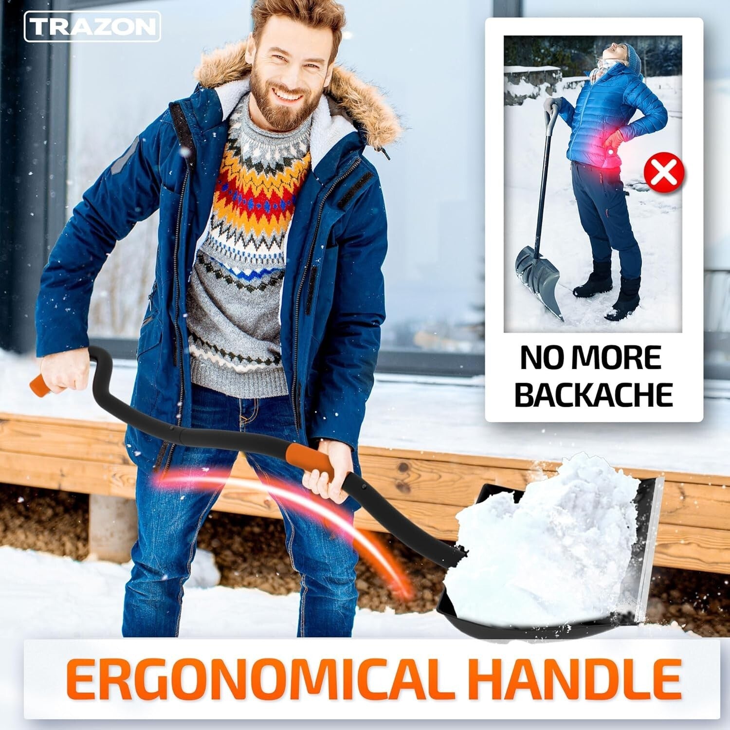 Durable Ergonomic Snow Shovel - 18 Inch Blade, 60 Inch Handle, Foldable Design