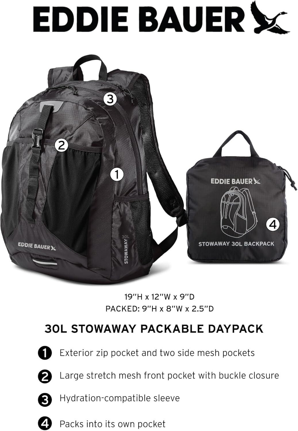 Durable Ripstop Polyester Packable Backpack with Laptop Sleeve - 30L Capacity