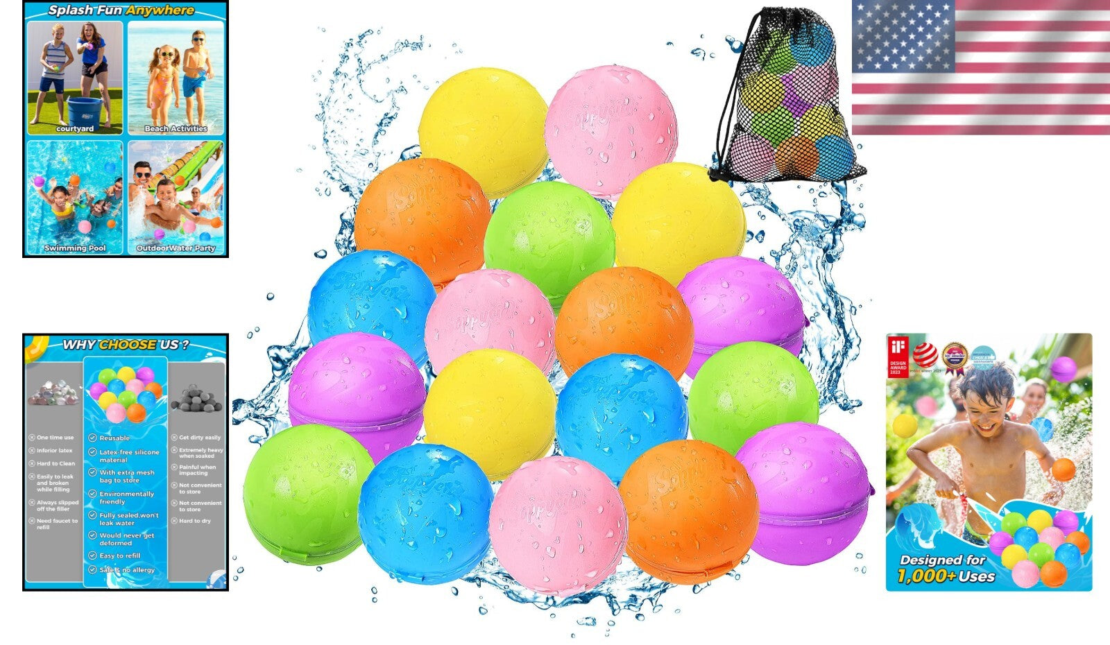 18-Pack Reusable Water Balloons with Easy Fill Technology - Summer Fun for Kids